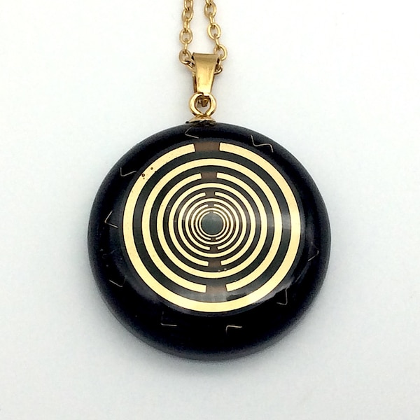 Orgone energy pendant necklace Lakhovsky MWO antenna, Black Tourmaline & Shungite. 1.35 inch. EMF protection. Made in USA