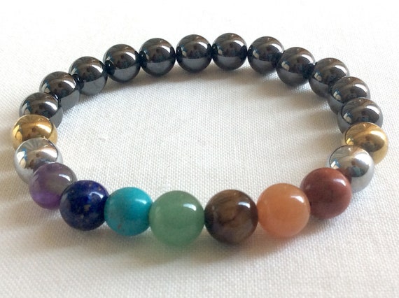 Seven Chakra bracelet with magnetic hematite beads. Authentic natural stones and healing crystals. EMF protection.