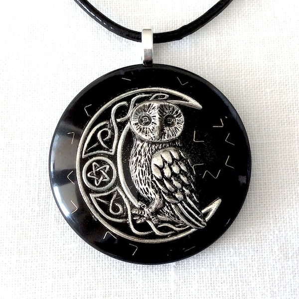 Orgone pendant necklace Silver Celtic Moon Owl, Black Tourmaline & Shungite. EMF protection. Made in USA