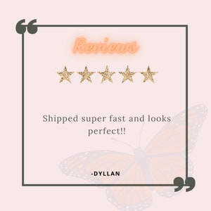 May include: A five-star review with the text "Shipped super fast and looks perfect!!" and the name "DYLLAN" below. The review is framed with a black border and gold quotation marks. A butterfly graphic is in the background.