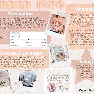 May include: Order information for a print-on-demand shop, including details about production time, shipping, returns, and exchanges. The image features a pink t-shirt with the text "Destroy Patriarchy" and a butterfly graphic, a white tote bag with a graphic, a blue sweatshirt with the text "Feminist Club", and a white card with a graphic.