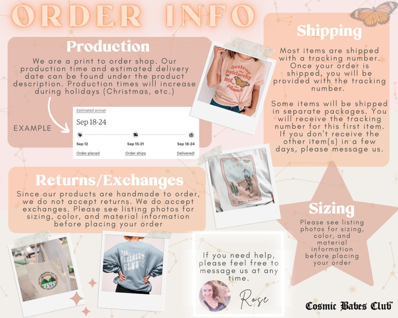 May include: Order information for a print-on-demand shop, including details about production time, shipping, returns, and exchanges. The image features a pink t-shirt with the text "Destroy Patriarchy" and a butterfly graphic, a white tote bag with a graphic, a blue sweatshirt with the text "Feminist Club", and a white card with a graphic.