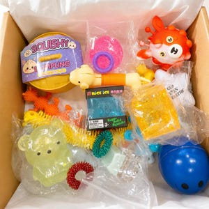 May include: A collection of assorted sensory fidget toys inside a cardboard box, including a yellow dumpling container, a red crab figure, a beige dog-shaped spring toy, a blue ice cube block, a yellow glitter cube, a bear-shaped gel toy, and a blue egg.