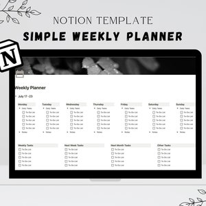 Notion Weekly Planner Template Simple, Minimal Aesthetic, Template Personal Planner, Daily To Do, Editable Template, Archive Weekly