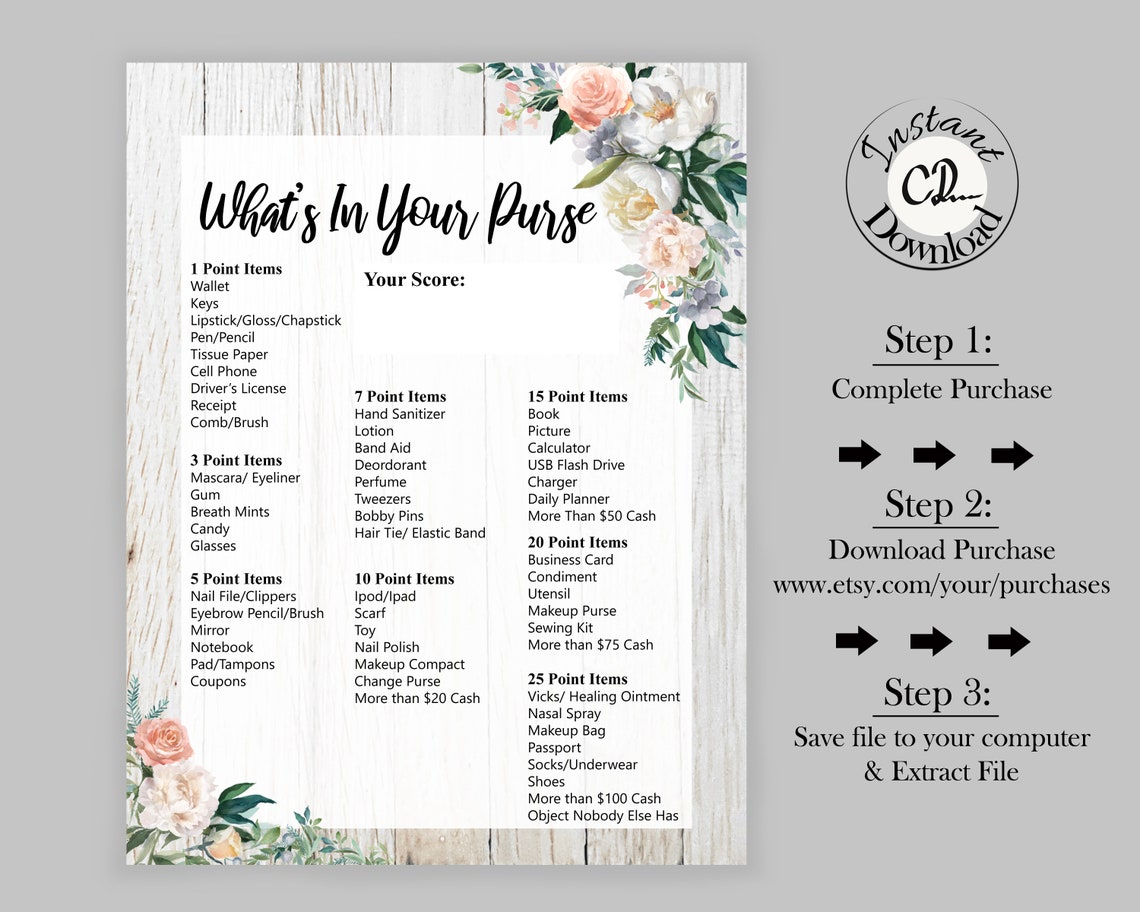 Purse Scavenger Hunt What's in Your Purse Bride Trivia Etsy