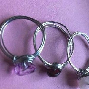 Set of 3 wire wrapped semi precious crystal rings