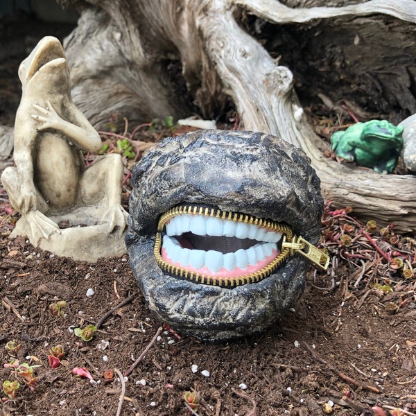 Laughing Smiley Rock With Bad Teeth Is Unique, Creepy, Spooky and Fun. Sealer Applied for That Wet Look. Kooky Friend Or Gardener Gift.