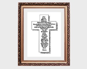 Our Father Prayer, art print of hand-lettered calligraphy for framing
