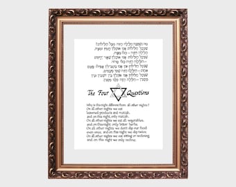 The Four Questions in Hebrew and English, (Passover, Ma Nishtanah), art print of hand-lettered calligraphy for framing