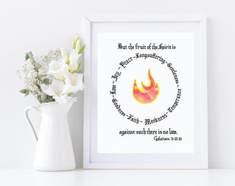 Galatians 5:22-23 of The Holy Bible (King James Version/KJV), art print of hand-lettered calligraphy suitable for framing