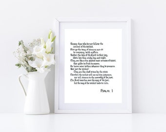 Psalm 1 of The Holy Bible (New American Bible Revised Edition/NABRE), art print of hand-lettered calligraphy suitable for framing