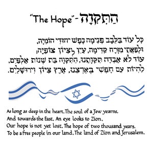 Hatikvah (israeli National Anthem) in Hebrew and English, Art Print of ...