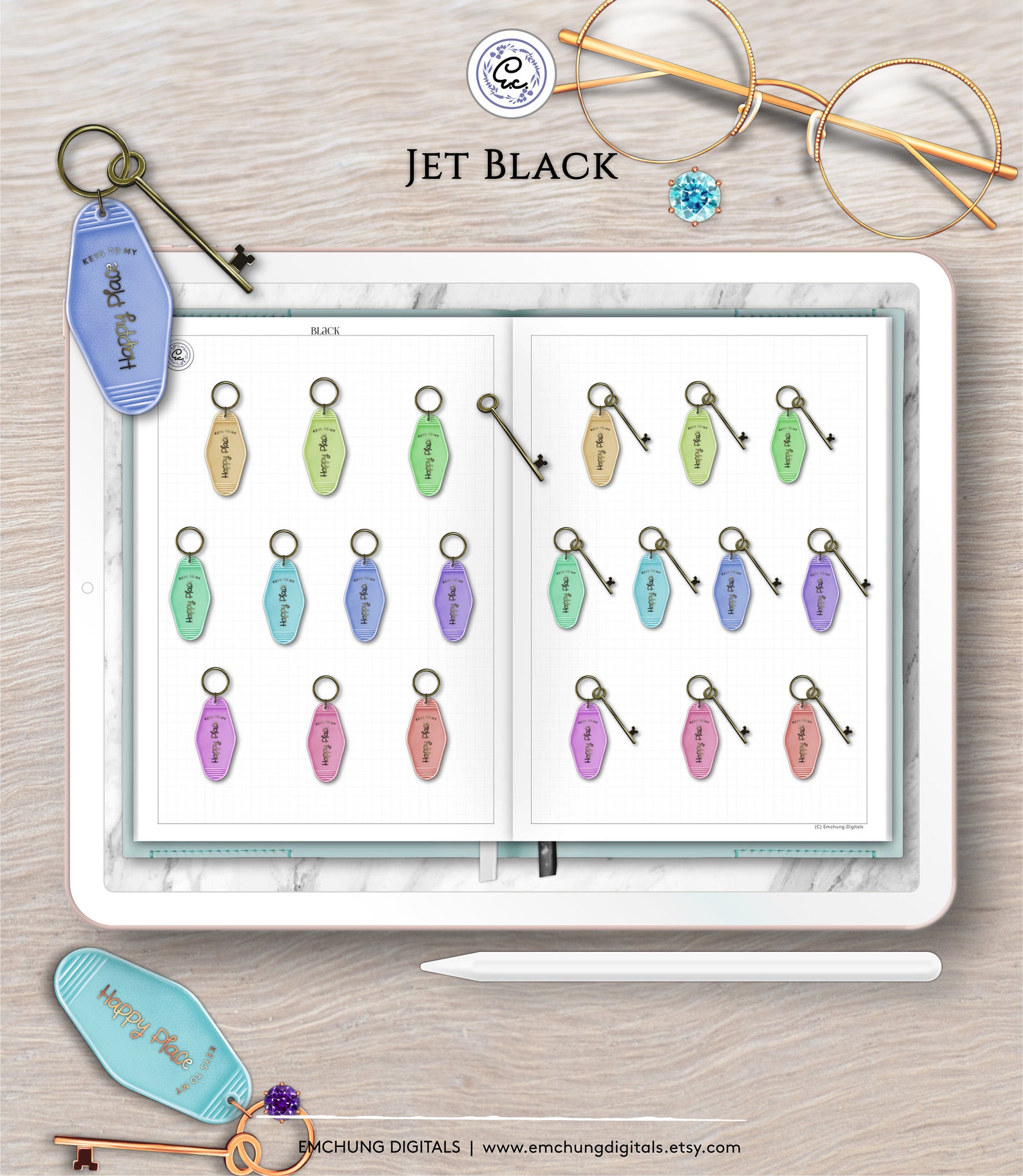 Colorful Happy Place Keychain With Key Digital Planner Etsy