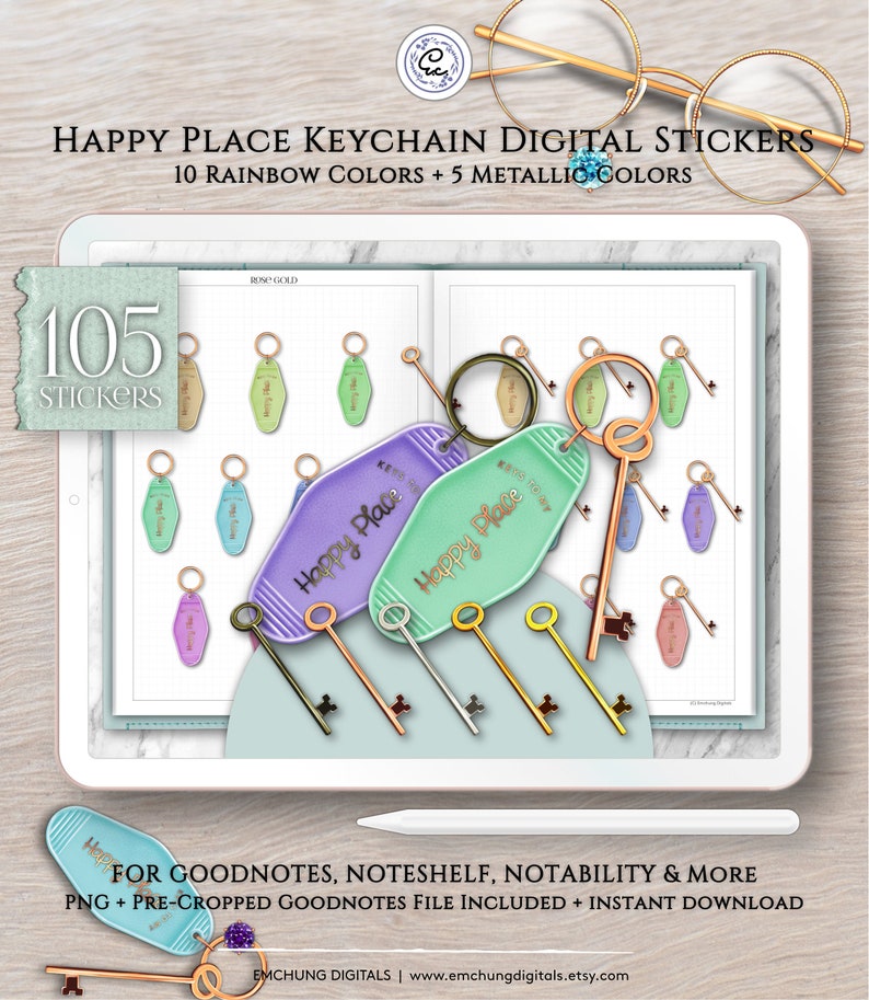 Colorful Happy Place Keychain With Key Digital Planner Etsy
