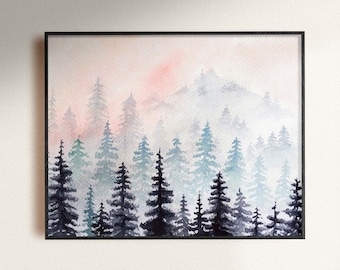 Aquarell Kunstdruck Laubwald: Neblige Kiefernlandschaft