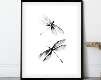 Libelle Aquarell Kunstdruck: Schwarzweißes Insekt Wand Dekor