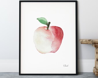 Apple Wall Art,  Watercolor Fruit Painting, Macintosh Apple, Fruit Art Print Kitchen, Gift For Teacher, Minimalist Art, Food Poster Print