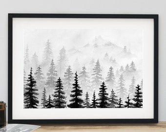 Schwarz-weißer Wald Aquarell Print: Minimalistische Berge Kunst