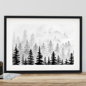 Black and White Forest Watercolor Print: Minimalist Mountain Art