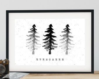 Immergrüne Bäume Print: Minimalistische Schwarzweiße Aquarellkunst