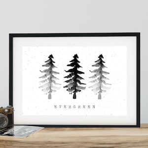 Stampa di alberi sempreverdi, pittura ad acquerello, arte minimalista, arte murale in bianco e nero, regalo per gli amanti della natura, cartello di cottage, arte di pini