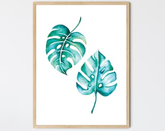 Monstera Blatt Aquarell Kunstdruck Tropische Pflanze Wand Dekor (Digitaler Download)