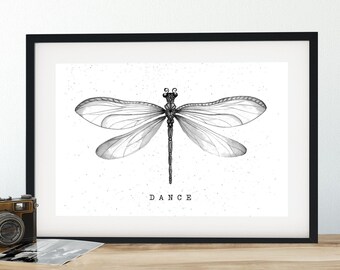 Libelle Wandbild, Libelle Aquarell, Schwarz Weiß Dekor, Libelle Malerei, Geschenk für Naturliebhaber, Insekten Kunst, Monochrome Poster