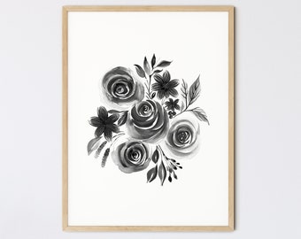 Aquarell Rosenstrauss Print: Schwarz weisses minimalistisches Dekor (Digitaler Download)