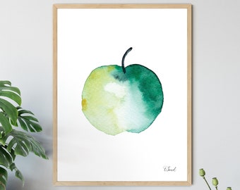 Apfel Wand Kunst Aquarell, Kunstdrucke für Küche, Bauernhaus Dekor, Grandma Smith Apfel Malerei, Geschenk für Lehrer