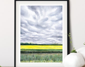 Aquarell Prärie Landschaft Print: Bauernhaus Kunst Poster