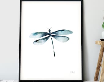 Libelle Aquarell Druck: Minimalistische Blaue Insekt Kunst