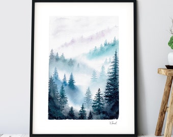 Nebliger Wald Aquarell Druck: Berglandschaft Kunst
