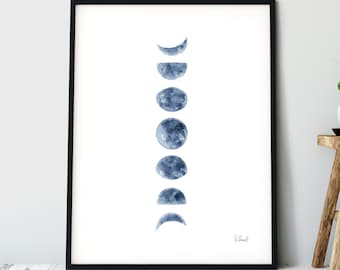 Mondphasen Aquarell Kunstdruck: Blauer Mondzyklus Kinderzimmer Dekoration