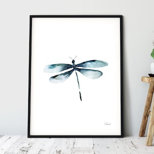 Dragonfly Watercolor Print: Minimalist Blue Insect Art