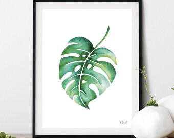 Monstera Pflanze Kunst, Aquarell Malerei, Monstera Blatt Wandkunst, Tropische Pflanzen, Geschenk für Pflanzenliebhaber, Tropisches Blatt Druck, Badezimmer Dekor