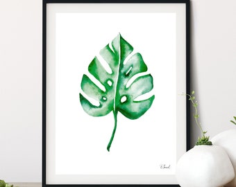 Monstera Plant Art, Watercolor Painting, Monstera Leaf Wall Art, Tropical Plants, Gift For Plant Lover, Tropical Leaf Print, Bathroom Decor