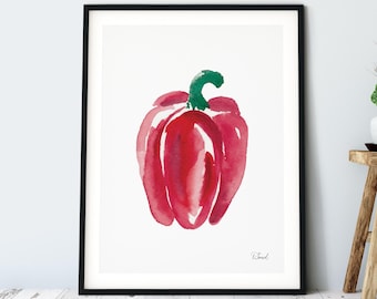 水彩画　レッドピーマンとグラス ピーマンの絵 - オリジナルの水彩画からのプリント、「ピーマン