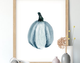 Blauer Aquarell Kürbis Print: Minimalistisches Herbst Dekor