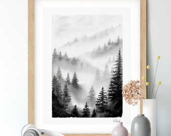 Nebliger Kiefernwald Aquarell Druck: Neblige Berge