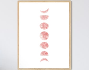 Pink Moon Wall Art, Moon Phases Art Print, Watercolour Art, Boho Bedroom Decor, Celestial Watercolor, Minimalist Wall Art