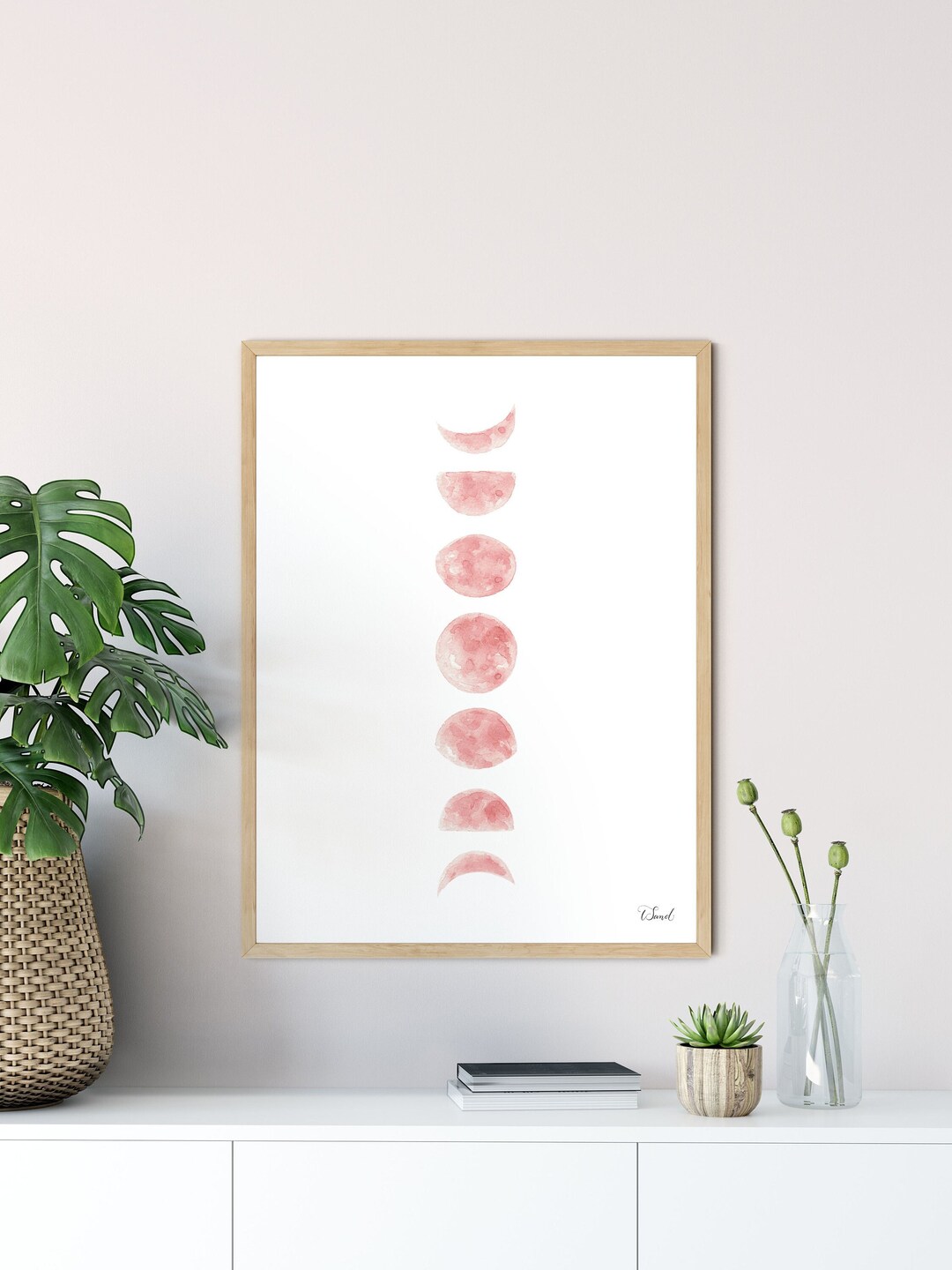 Pink Moon Phases Watercolor Art Print: Boho Lunar Decor - Etsy