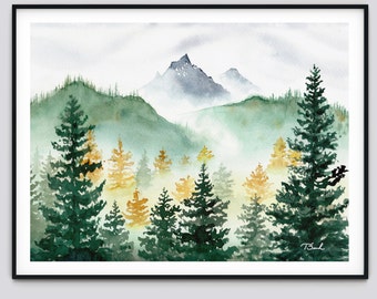 Grün & Gold Kiefernwald Aquarell Kunstdruck