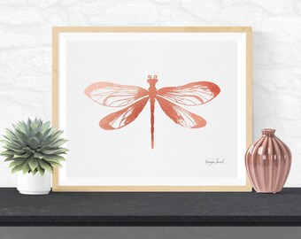 Dragonfly Wall Art, Pink Rose Gold Art, Dragonfly Watercolor, Dragonfly Art, Dragonfly Painting, Printable Art, Home Decor, Instant Download