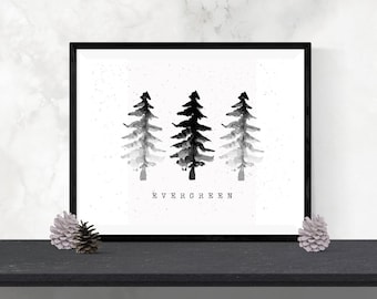 Immergrüner Baum Aquarell Druck: Schwarz weisse minimalistische Kunst (Digitaler Download)