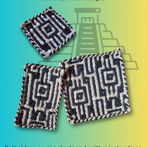 May include: Three woven square coasters with a geometric pattern in black and beige. The coasters have a black fringe border.