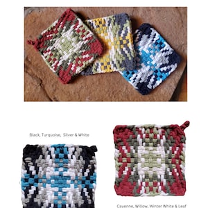 May include: Four woven pot holders in different colour combinations. The pot holders are made with a traditional square pattern. The colours are black, turquoise, silver, and white; red, yellow, grey, and white; red, green, white, and cream; and red, green, white, and cream. The text "Twill Tweed" is below the pot holders.