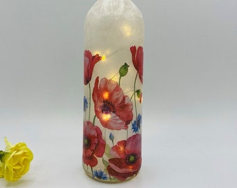 Decoupage bottle light with wild Poppies, Cornflowers