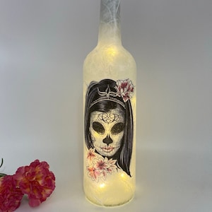 Halloween Bottle with lights Day of the Dead Decoupage