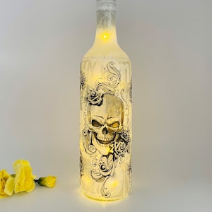 Halloween bottle light, decoupaged skull design, gothic theme
