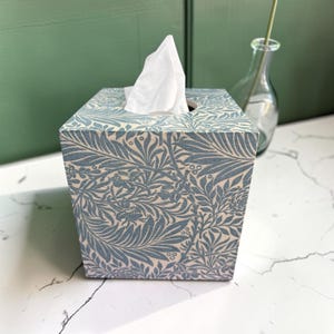 Tissue box cover, William Morris inspired design, Larkspur, Wooden